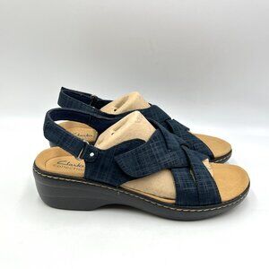 Clarks Womens Size 9.5 Merliah Echo‎ Navy Low Wedges Sandals Comfort Shoes
